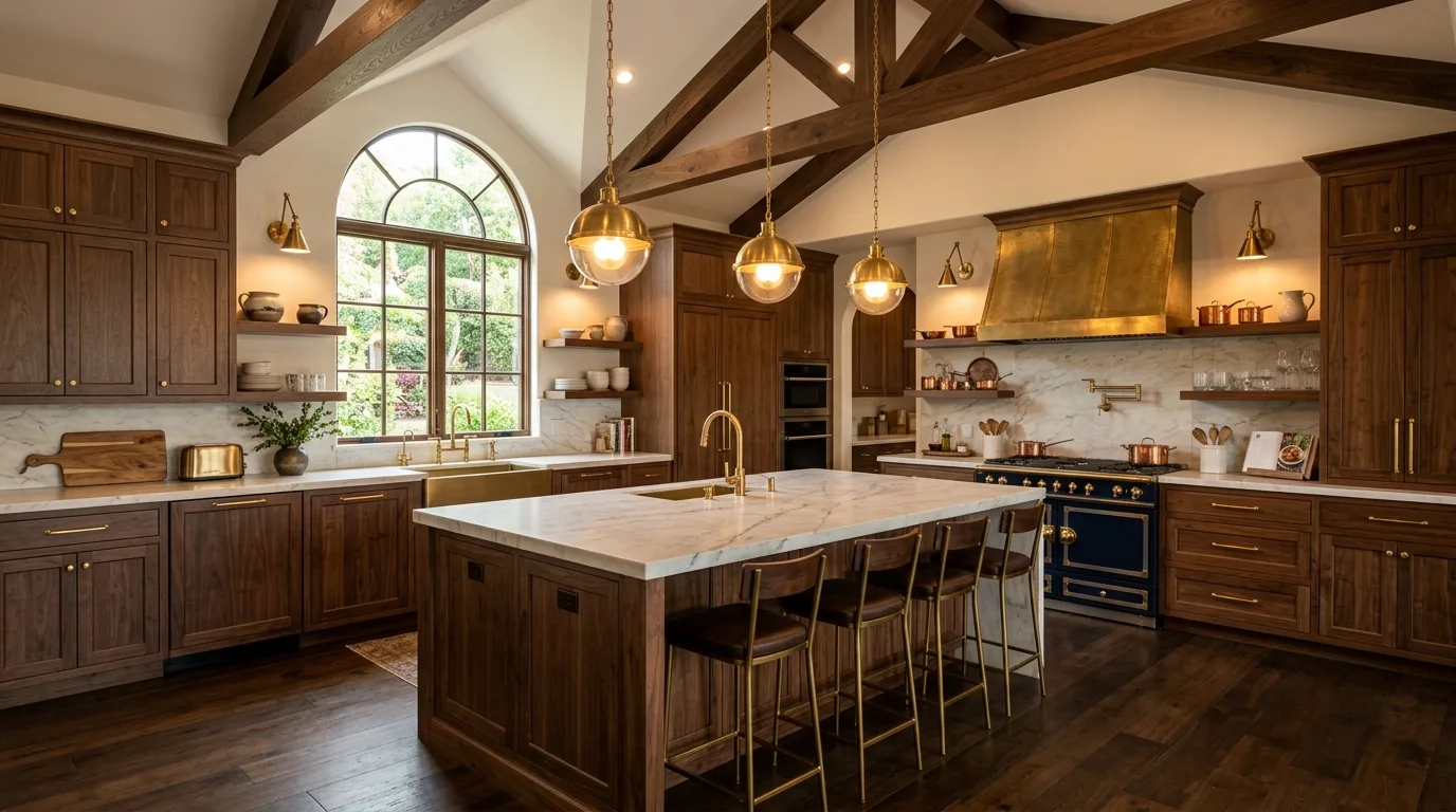 Layer texture through stone and plaster nearby inspiration for a walnut kitchen.